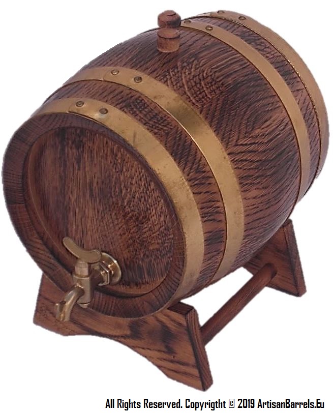 Small oak wood barrels, miniature whiskey casks, wooden whisky kegs with brass rings, hoops