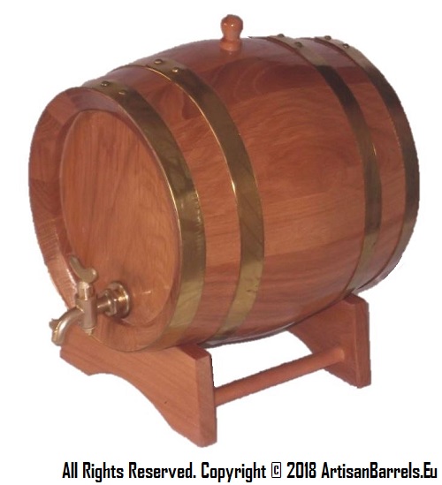3 liter, litre oak wood barrel, keg, cask with brass tap and brass hoops, rings